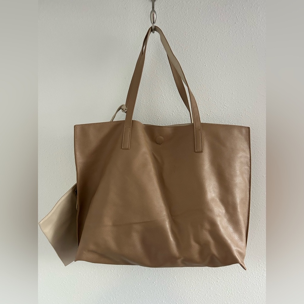 Leather Tote Bag with Removable Pouch - Tan and Cream - Picture 4 of 4